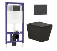 Royal Bathrooms Elena Rimless Wall Hung Toilet, Aqua Matt Black Plate Wall Hung Frame Matt Black Pan, Slim Soft Close Seat