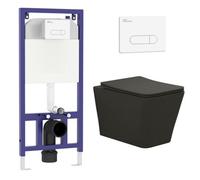 Royal Bathrooms Elena Rimless Wall Hung Toilet, Aqua White Plate Wall Hung Frame Matt Black Round Pan, Slim Soft Close Seat