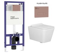 Royal Bathrooms Elena Wall Hung Rimless Toilet With Slim Soft Close Seat & Brushed Bronze Plate Aqua Wall Hung Frame