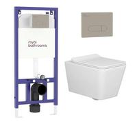 Royal Bathrooms Elena Wall Hung Rimless Toilet With Slim Soft Close Seat & Brushed Nickel Plate Aqua Wall Hung Frame