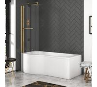 Royal Bathrooms Elva 1700 X 850mm Acrylic Left Hand P-Shaped Shower White Bathtub With Front Panel & Brushed Brass Shower Screen