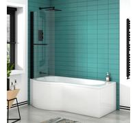 Royal Bathrooms Elva 1700 X 850mm Acrylic Left Hand P-Shaped Shower White Bathtub With Matt Black Shower Screen