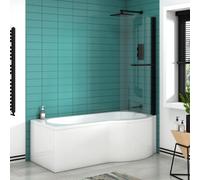 Royal Bathrooms Elva 1700 X 850mm Acrylic Right Hand P-Shaped Shower White Bathtub With Front, End Panel & Matt Black Shower Screen