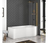 Royal Bathrooms Elva 1700 X 850mm Acrylic Right Hand P-Shaped Shower White Bathtub With Front Panel & Brushed Brass Shower Screen