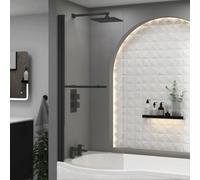Royal Bathrooms Elva Curved P-Shaped Matt Black Shower Bath Screen With Towel Rail 6mm Toughened Safety Glass