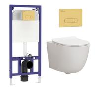 Royal Bathrooms Elva Rimless Wall Hung Toilet, Aqua Brushed Brass Wall Hung Frame Gloss White Round Pan, Slim Soft Close Seat