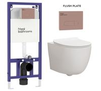 Royal Bathrooms Elva Wall Hung Rimless Toilet With Slim Soft Close Seat & Aqua Brushed Bronze Plate Wall Hung Frame