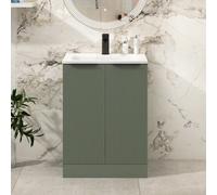 Royal Bathrooms Evora 600mm Sage Green Fluted Floor Standing Vanity Unit 2 Door With Undrilled Stone Basin & Matt Black Handles