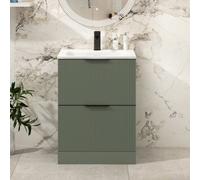 Royal Bathrooms Evora 600mm Sage Green Fluted Floor Standing Vanity Unit 2 Drawer With Undrilled Stone Basin & Matt Black Handles