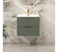 Royal Bathrooms Evora 600mm Sage Green Fluted Wall Hung Vanity Unit 2 Drawer With Ceramic Basin & Brushed Brass Handles