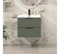 Royal Bathrooms Evora 600mm Sage Green Fluted Wall Hung Vanity Unit 2 Drawer With Ceramic Basin & Matt Black Handles
