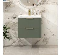 Royal Bathrooms Evora 600mm Sage Green Fluted Wall Hung Vanity Unit 2 Drawer With Stone Basin & Brushed Brass Handles