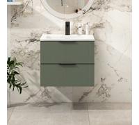 Royal Bathrooms Evora 600mm Sage Green Fluted Wall Hung Vanity Unit 2 Drawer With Undrilled Stone Basin & Matt Black Handles