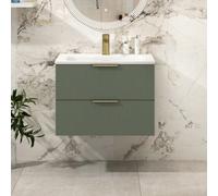 Royal Bathrooms Evora 700mm Sage Green Fluted Wall Hung Vanity Unit 2 Drawer With Stone Basin & Brushed Brass Handles