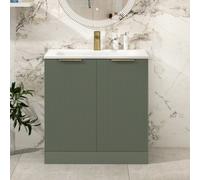 Royal Bathrooms Evora 800mm Sage Green Fluted Floor Standing Vanity Unit 2 Door With Undrilled Stone Basin & Brushed Brass Handles
