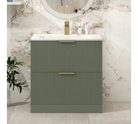 Royal Bathrooms Evora 800mm Sage Green Fluted Floor Standing Vanity Unit 2 Drawer With Stone Basin & Brushed Brass Handles