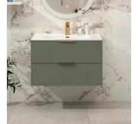 Royal Bathrooms Evora 800mm Sage Green Fluted Wall Hung Vanity Unit 2 Drawer With Ceramic Basin & Brushed Brass Handles