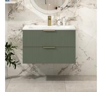 Royal Bathrooms Evora 800mm Sage Green Fluted Wall Hung Vanity Unit 2 Drawer With Stone Basin & Brushed Brass Handles