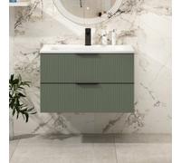 Royal Bathrooms Evora 800mm Sage Green Fluted Wall Hung Vanity Unit 2 Drawer With Undrilled Stone Basin & Matt Black Handles