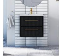 Royal Bathrooms Livora 600mm Black Woodgrain Wall Hung Vanity Unit 2 Drawer With Carrara White Basin & Brushed Brass Handle