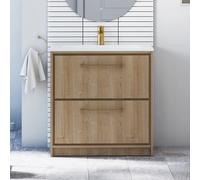 Royal Bathrooms Livora 800mm Natural Oak Floor Standing Bathroom Vanity Unit 2 Drawer With Stone Basin & Brushed Brass Handle