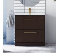 Royal Bathrooms Livora 800mm Walnut Woodgrain Floor Standing Vanity Unit 2 Drawer With Ceramic Basin & Brushed Brass Handle
