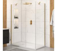 Royal Bathrooms Marbella Walk In Brushed Brass Shower Enclosure With 1400 X 800mm White Slate Effect Stone Tray 8mm Glass & Top Support Arm