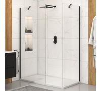 Royal Bathrooms Marbella Walk In Matt Black Shower Enclosure With 1400 X 800mm White Slate Effect Stone Tray 8mm Glass & Top Support Arm
