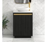 Royal Bathrooms Orion 600mm Hale Black Floor Standing Carrara White Countertop Vanity Unit 2 Door With Nova Basin & Brushed Brass Accent Trim