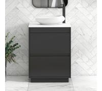 Royal Bathrooms Orion 600mm Matt Obsidian Black Floor Standing Plain White Countertop Vanity Unit 2 Drawer With Nova Basin & Black Accent Trim