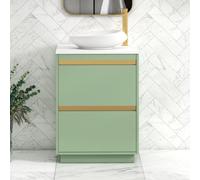 Royal Bathrooms Orion 600mm Mint Sage Floor Standing Plain White Countertop Vanity Unit 2 Drawer With Nova Basin & Brushed Brass Accent Trim