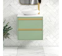 Royal Bathrooms Orion 600mm Mint Sage Wall Hung Plain White Countertop Vanity Unit 2 Drawer With Nova Basin & Brushed Brass Accent Trim