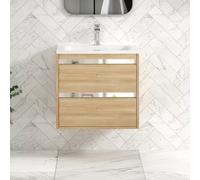 Royal Bathrooms Orion 600mm Natural Oak 2 Drawer Wall-Mounted Vanity Unit With Undrilled Stone Basin & Chrome Strip