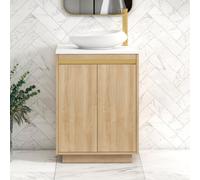 Royal Bathrooms Orion 600mm Natural Oak Floor Standing Plain White Countertop Vanity Unit 2 Door With Nova Basin & Brushed Brass Accent Trim