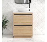 Royal Bathrooms Orion 600mm Natural Oak Floor Standing Plain White Countertop Vanity Unit 2 Drawer With Nova Basin & Black Accent Trim