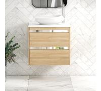Royal Bathrooms Orion 600mm Natural Oak Wall Hung Plain White Countertop Vanity Unit 2 Drawer With Nova Basin & Chrome Accent Trim