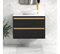 Royal Bathrooms Orion 800mm Hale Black Wall Hung Plain White Countertop Vanity Unit 2 Drawer With Nova Basin & Brushed Brass Accent Trim