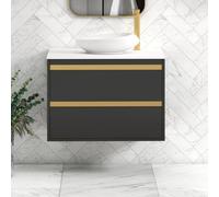 Royal Bathrooms Orion 800mm Matt Obsidian Black Wall Hung Plain White Countertop Vanity Unit 2 Drawer With Nova Basin & Brushed Brass Accent Trim