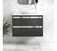 Royal Bathrooms Orion 800mm Matt Obsidian Black Wall Hung Plain White Countertop Vanity Unit 2 Drawer With Nova Basin & Chrome Accent Trim