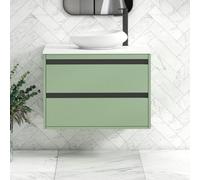 Royal Bathrooms Orion 800mm Mint Sage Wall Hung Plain White Countertop Vanity Unit 2 Drawer With Nova Basin & Black Accent Trim