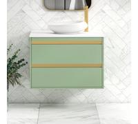 Royal Bathrooms Orion 800mm Mint Sage Wall Hung Plain White Countertop Vanity Unit 2 Drawer With Nova Basin & Brushed Brass Accent Trim