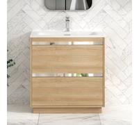 Royal Bathrooms Orion 800mm Natural Oak 2 Drawer Freestanding Vanity Unit With Undrilled Stone Basin & Chrome Strip