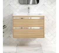 Royal Bathrooms Orion 800mm Natural Oak 2 Drawer Wall-Mounted Vanity Unit With Undrilled Stone Basin & Chrome Strip