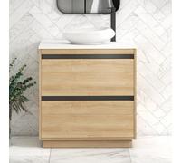 Royal Bathrooms Orion 800mm Natural Oak Floor Standing Plain White Countertop Vanity Unit 2 Drawer With Nova Basin & Black Accent Trim