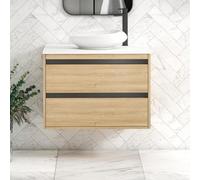 Royal Bathrooms Orion 800mm Natural Oak Wall Hung Plain White Countertop Vanity Unit 2 Drawer With Nova Basin & Black Accent Trim