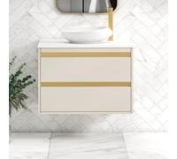Royal Bathrooms Orion 800mm Warm Taupe Wall Hung Plain White Countertop Vanity Unit 2 Drawer With Nova Basin & Brushed Brass Accent Trim