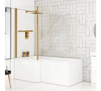Royal Bathrooms Qubix 1500 X 850mm Left Hand L-Shaped Shower Bathtub With Mdf Gloss White Front Panel & Brushed Brass Towel Rail Screen