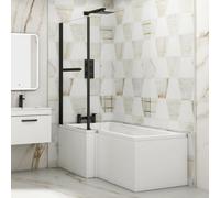 Royal Bathrooms Qubix 1500 X 850mm Left Hand L-Shaped Shower Bathtub With Mdf Gloss White Front Panel & Matt Black Towel Rail Screen