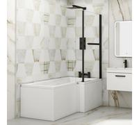 Royal Bathrooms Qubix 1500 X 850mm Right Hand L-Shaped Shower Bathtub With Mdf Gloss White Front Panel & Matt Black Towel Rail Screen