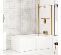 Royal Bathrooms Qubix 1500 X 850mm Right Hand L-Shaped Shower Bathtub With Mdf Gloss White Front Panel & Brushed Brass Towel Rail Screen